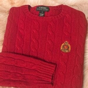 Lauren Ralph Lauren Vintage 1990 Womens Red Cable Knit 100% Lambswool Sweater-S